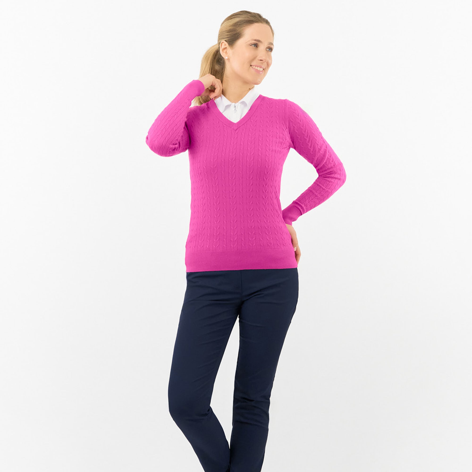 Pure Golf Suzie Summer Weight Knitted Ladies Golf Jumper Deep Azalea